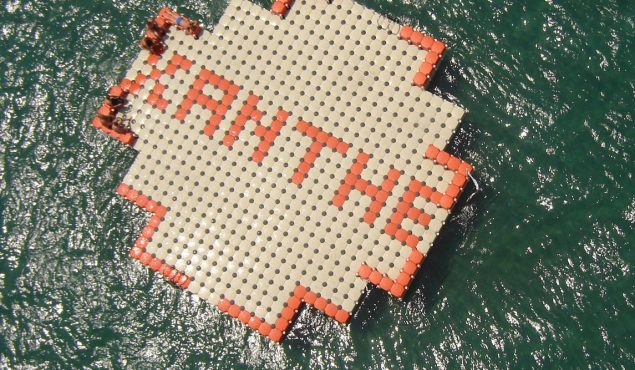 top down view of an orange and white sunny dock