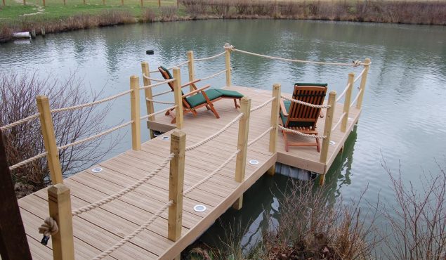 decked pontoon for private client with handrails, lights and moorings.