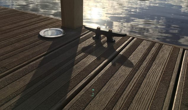 LED flat lights, cleat and handrail post on decked pontoon on a private lake