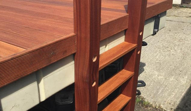 Bespoke wooden ladder for a decked pontoon on a private lake, Hampshire