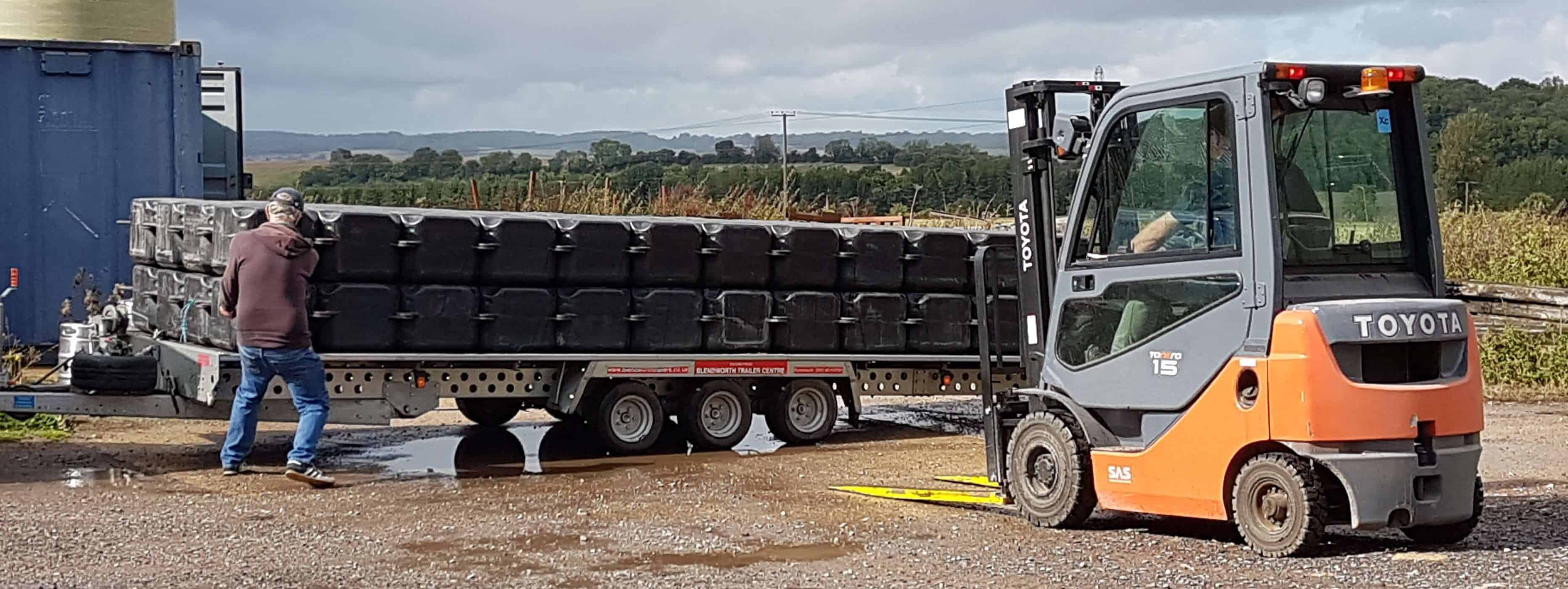 Rental modular cubes being collected