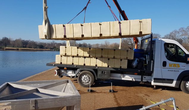 Rotodock sections on the move to create a working platform for an engineering team working on the Serpentine