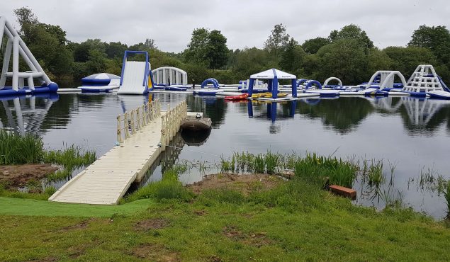 12m x 2m Rotodock pontoon with 6m x 2m hammerhead, handrails, cleats and gangway for Lincoln Water Park.