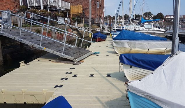 A large 27m x 4m Rotodock pontoon with staggered areas, cleats, corner gussets, and moorings. Gangway not supplied by us. Fareham Sailing and Motor Boat Club, Hampshire.