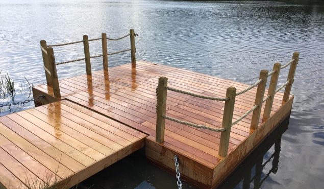 Completed decked pontoon with handrails, walkway and mooring for a private customer, Cranleigh.