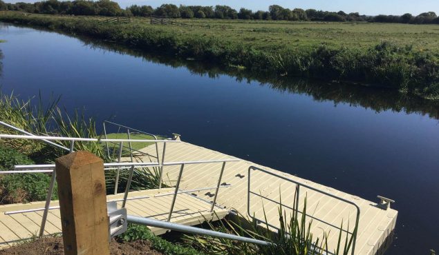 One of four 6m x 3m Rotodock pontoons with 4m gangway on the River Parrett in Langport, Somerset.