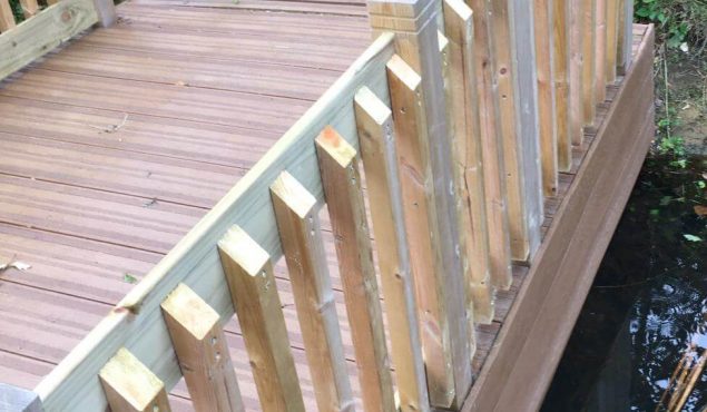 Spindle handrails on a decked pontoon at Exbury Gardens