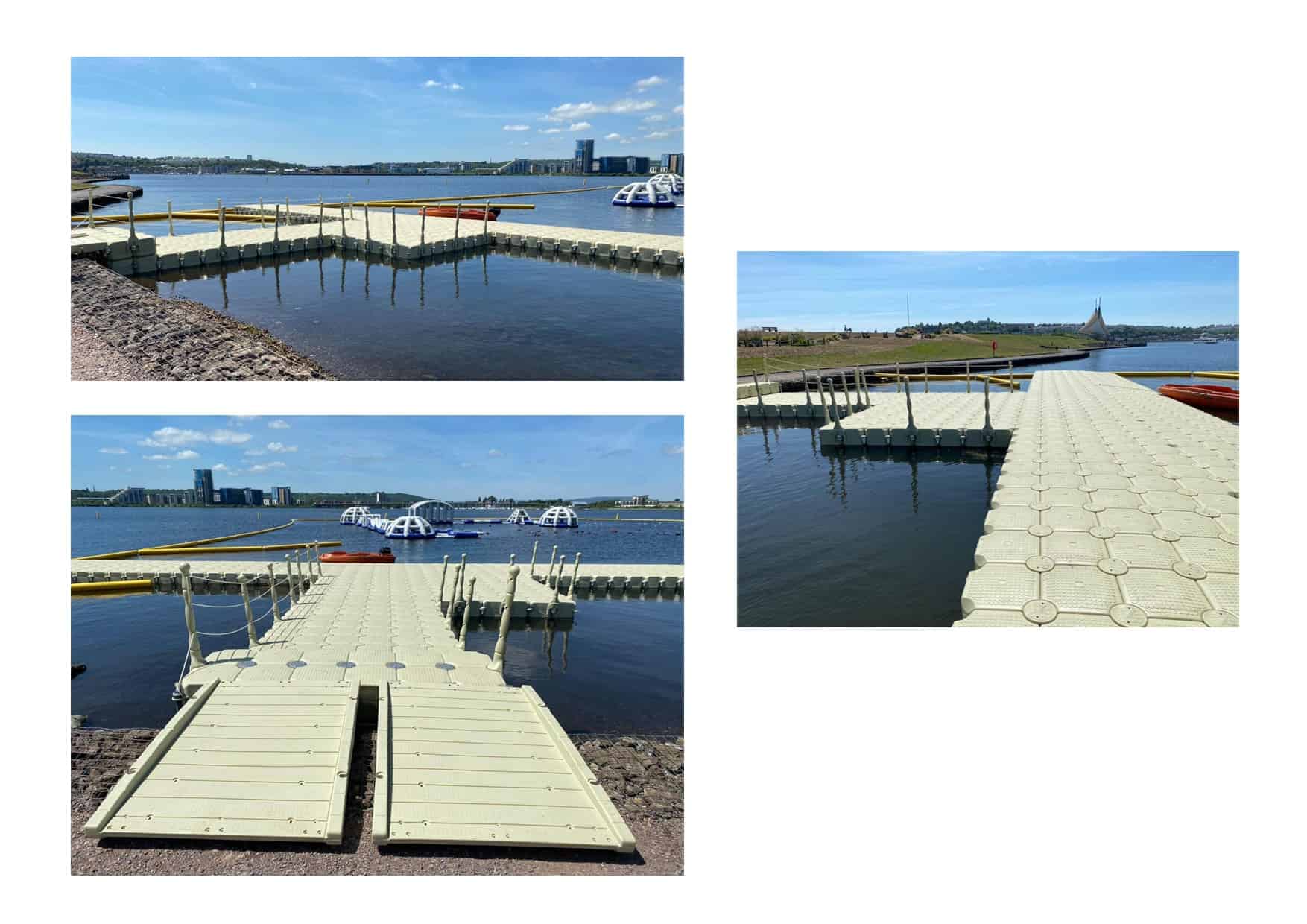 Aquaparks Cardiff Rotodock pontoon with handrails, cleats and gangway