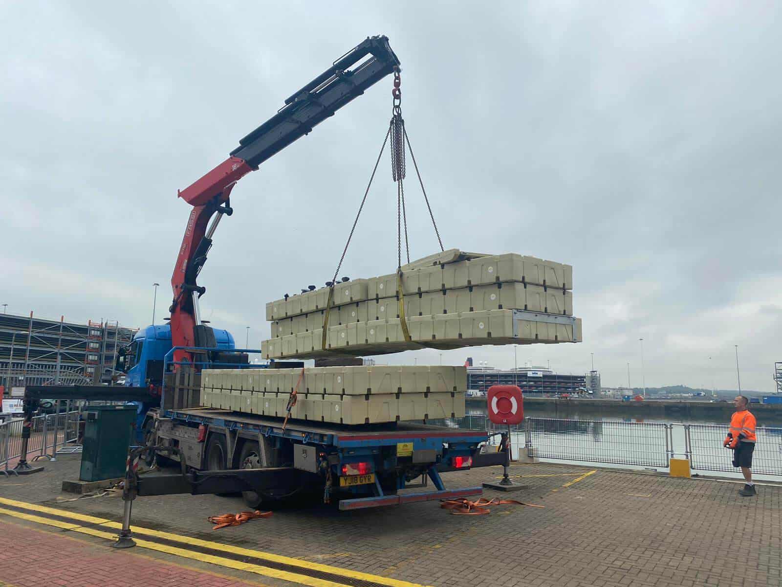 Rotodock pontoon craned into Ocean Business 2021. Southampton NOC