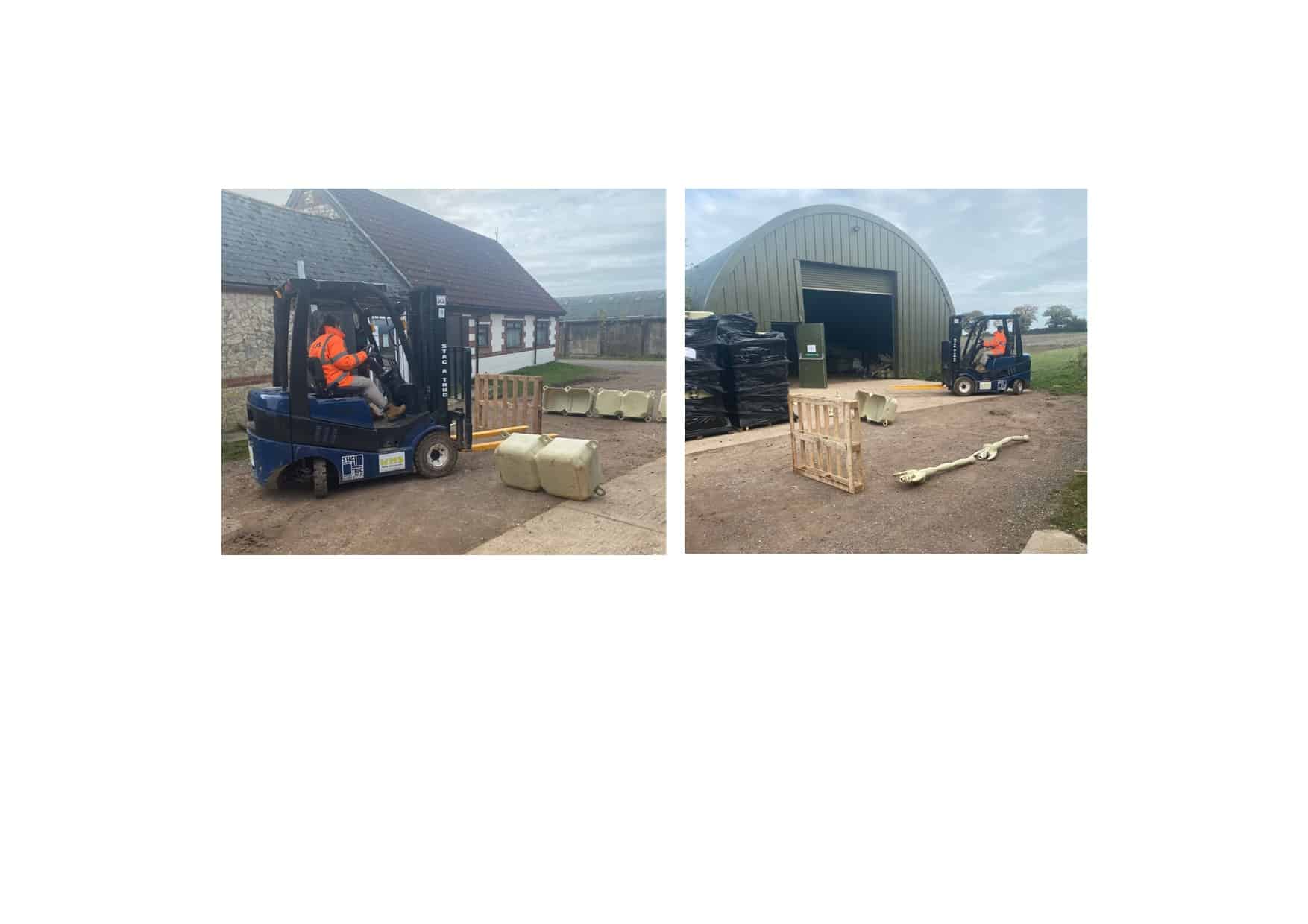 Forklift driving in the yard. Pallets, Modular cubes, Handrail posts, obstacle course