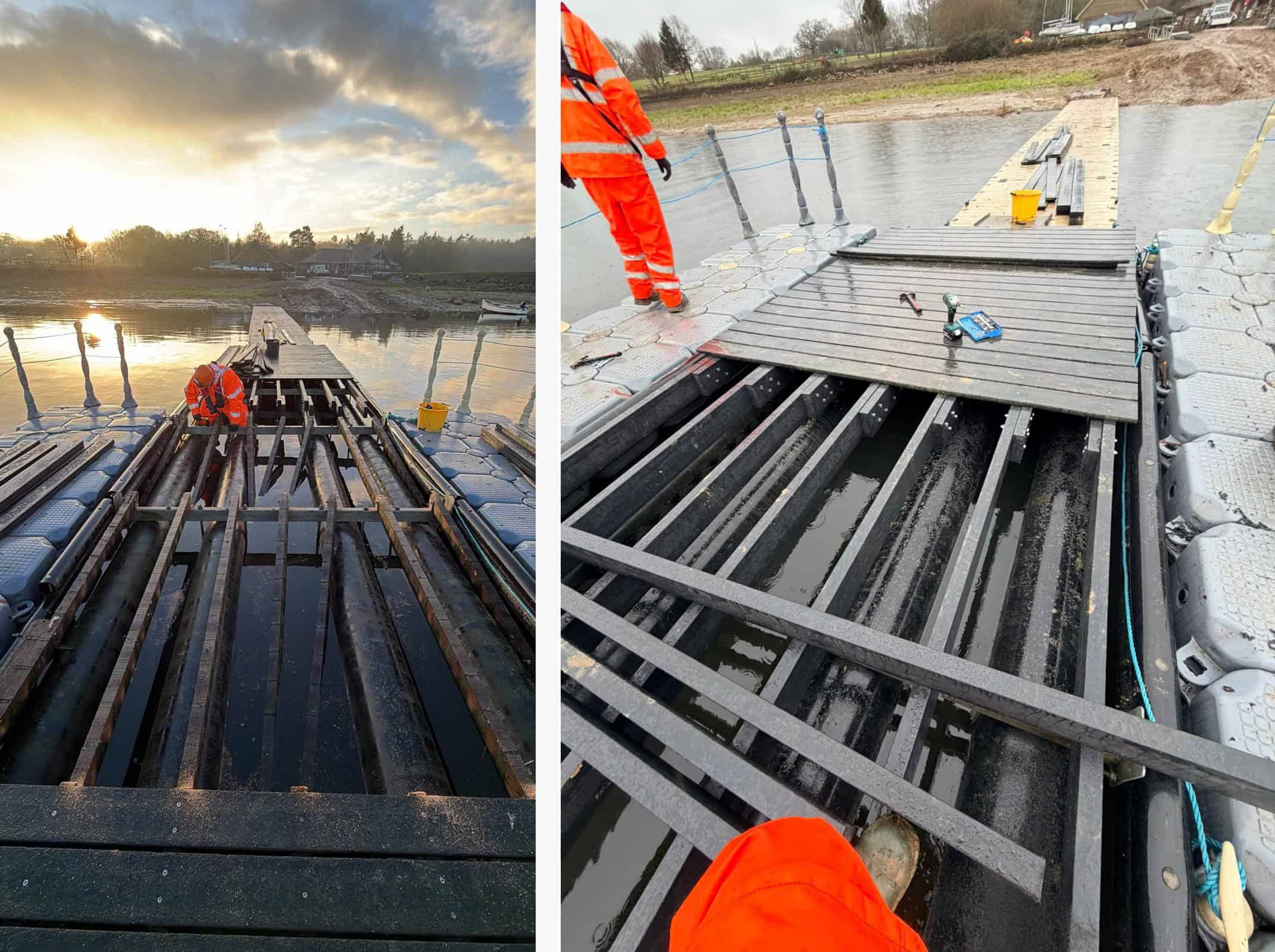 1st pic: A WMS team member removes a wooden bearer 2nd pic: Installed recycled plastic beams
