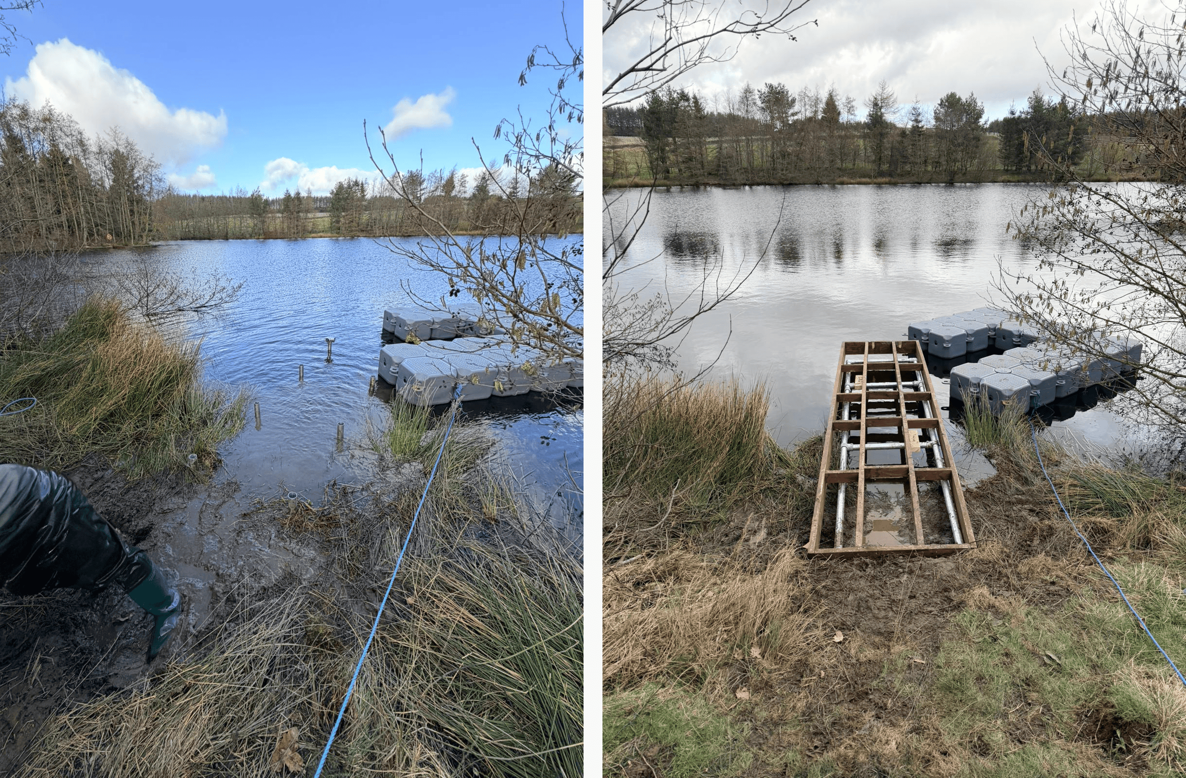 1st pic: Legs of the jetty stick out of the lakebed, with a Modular Cube working platform tied to the a point on land. 2nd pic: Completed supporting framework and sub-frame