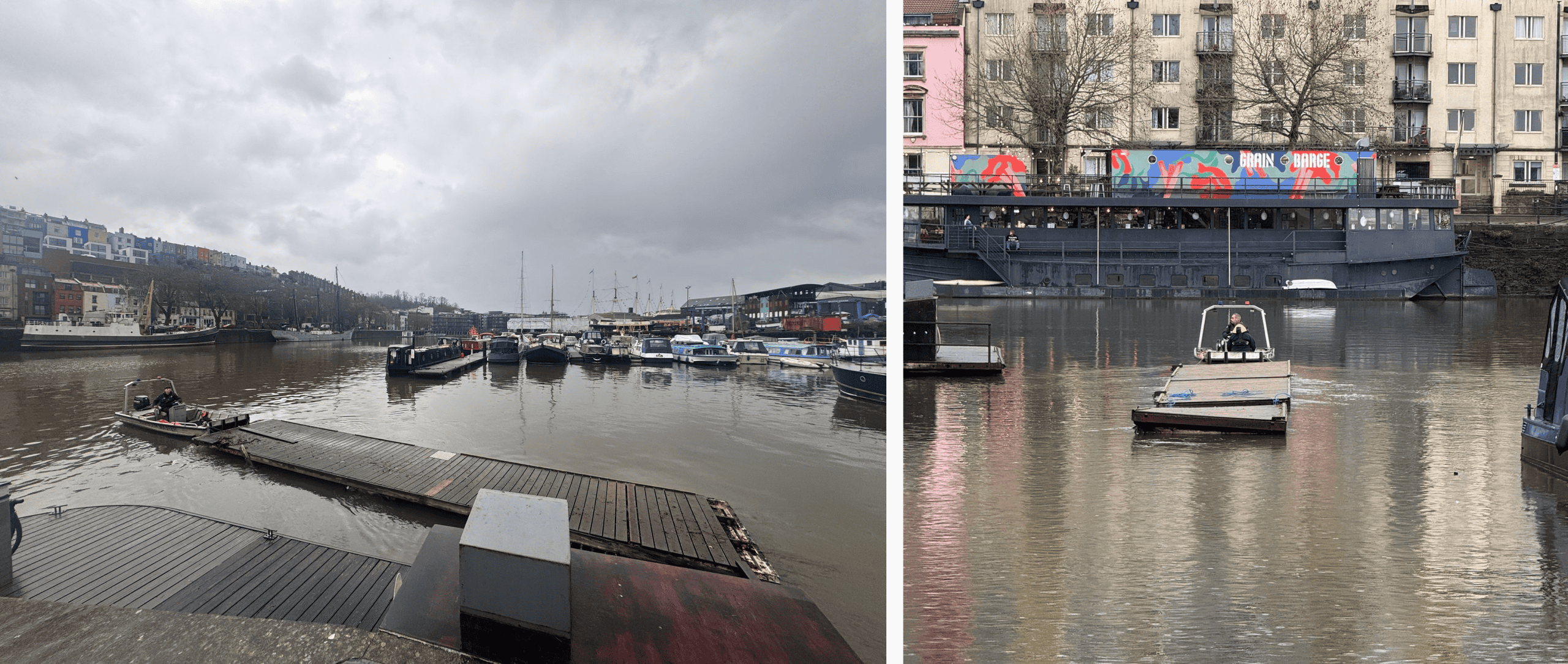 1st and 2nd pics: A section of the old wooden pontoon being transported away by boat