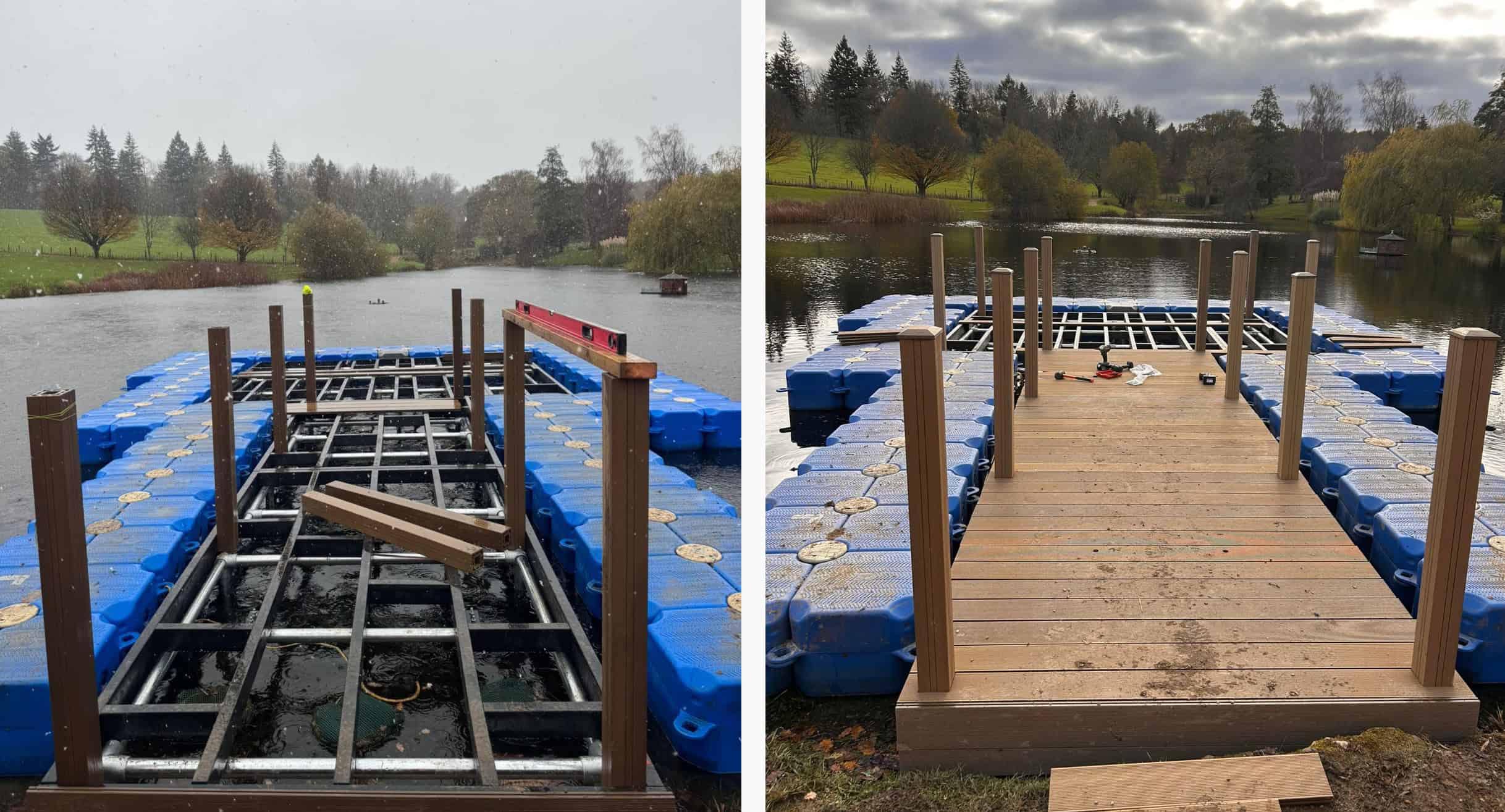 1st pic: Handrail posts installed on sub-frame for hammerhead jetty 2nd pic: Decking halfway complete, up to hammerhead section of jetty