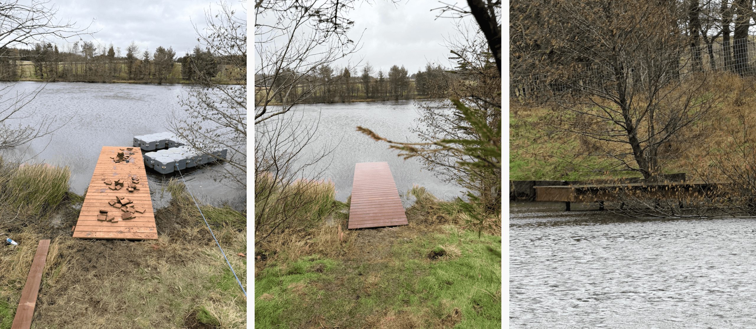 1st pic: Fully decked jetty 1, with decking offcuts piled on top and Modular Cube working platform to its right. 2nd pic: Completed jetty 1. 3rd pic: Completed jetty 1, viewed from across the lake.