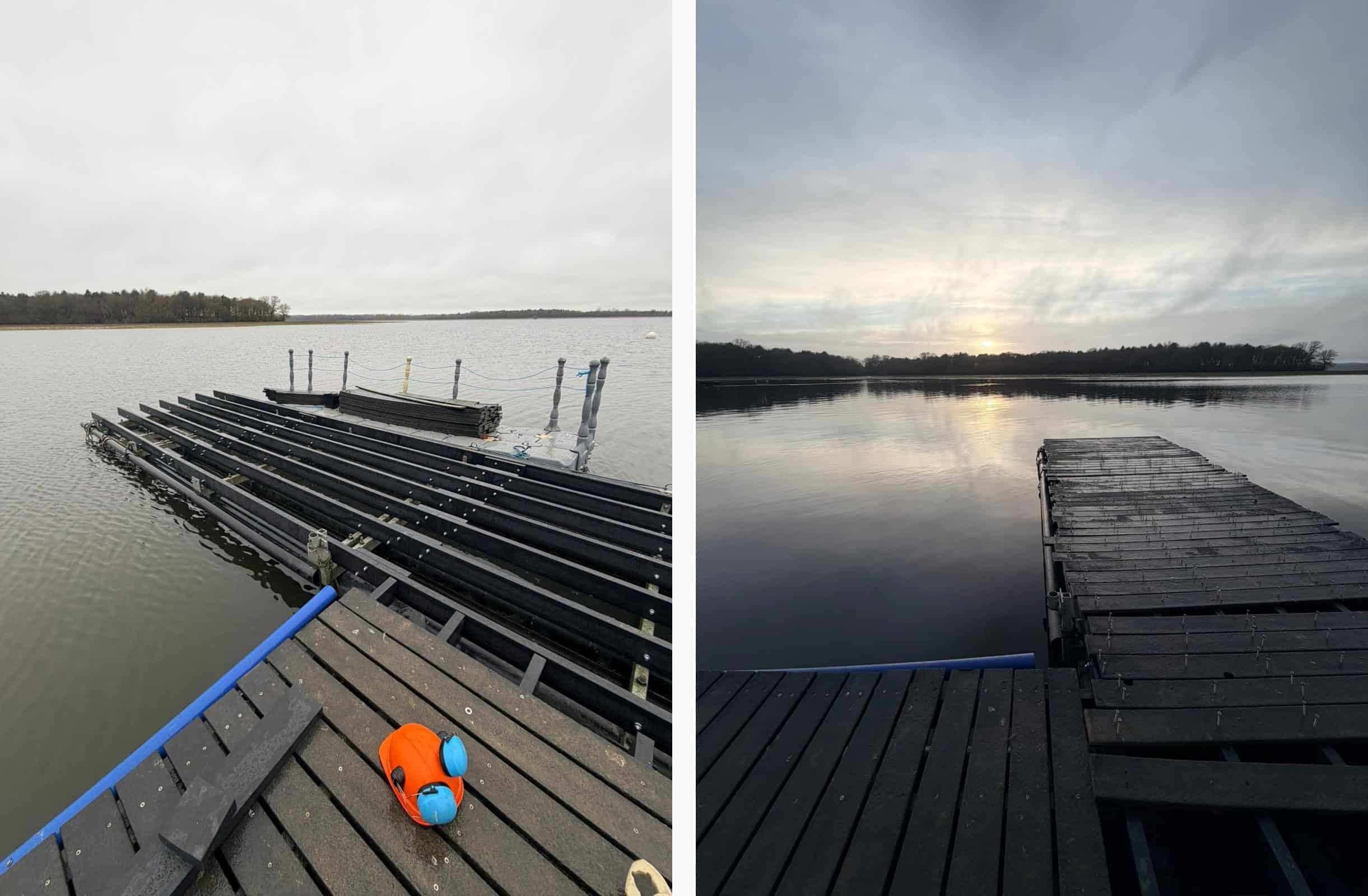 1st pic: Installed recycled plastic beams on the hammerhead of the pontoon 2nd pic: The original decking and screws put back in place, ready to be reattached