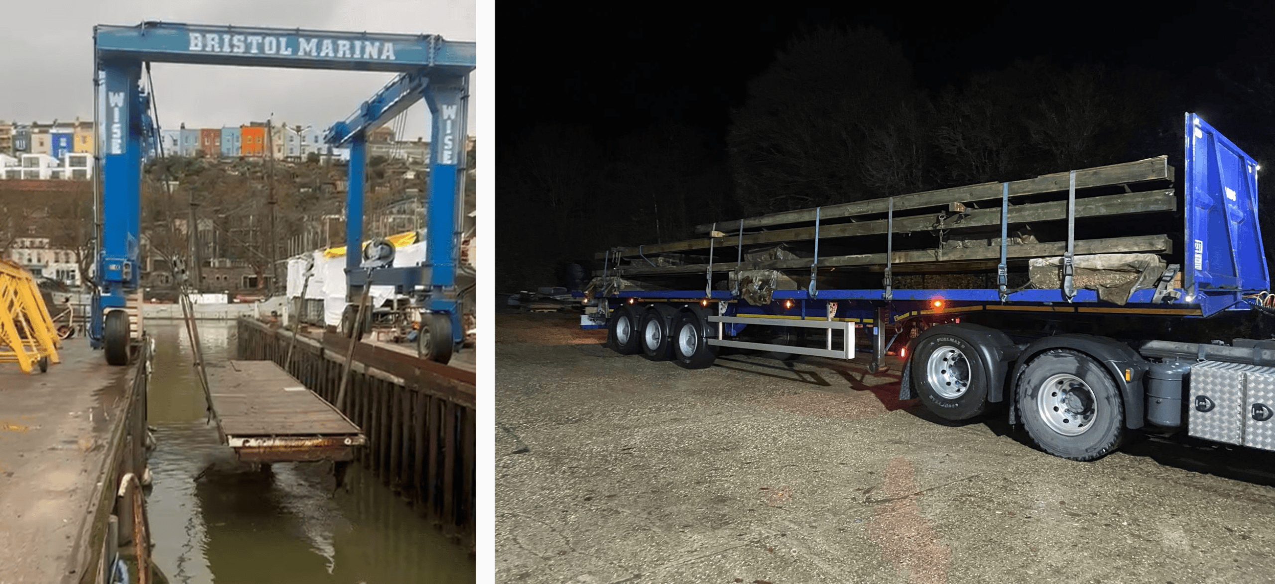 1st pic: A section of the old pontoon being lifted out of the water by a marina crane 2nd pic: A lorry with the 3 pontoon sections on the back