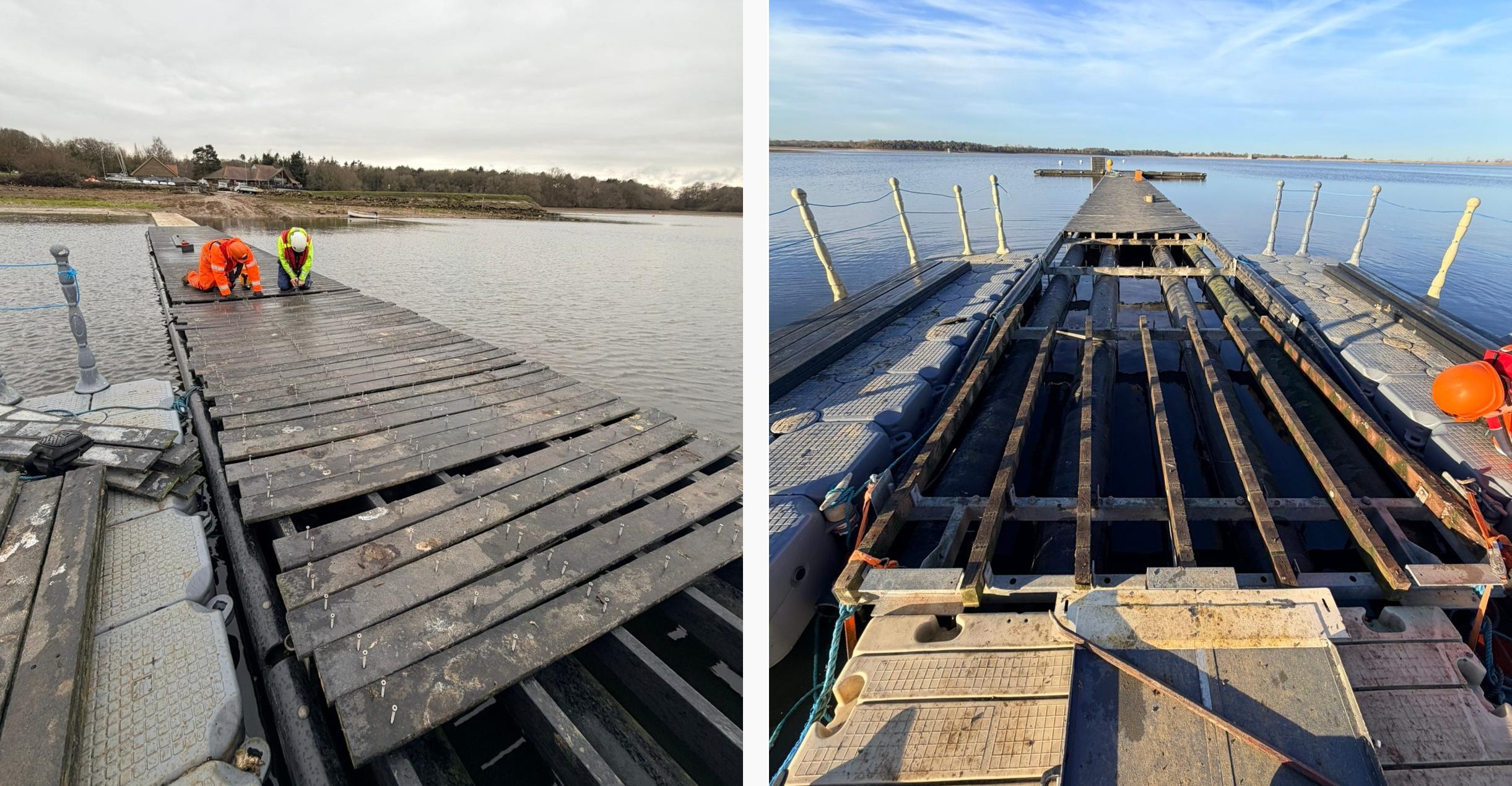 1st pic: Two WMS team members screw in old decking, with Modular Cube pontoon on the left to hold materials 2nd pic: Exposed rotting wooden beams, with Modular Cube pontoons on either side to hold materials and provide a working platform