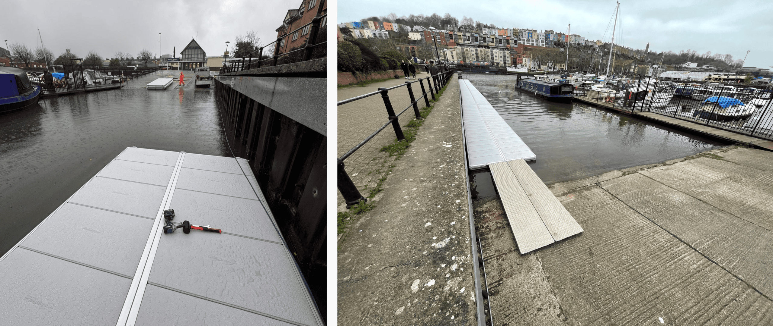 1st pic: A section of the new EasyFloat on the water in the rain 2nd pic: The complete pontoon fully installed