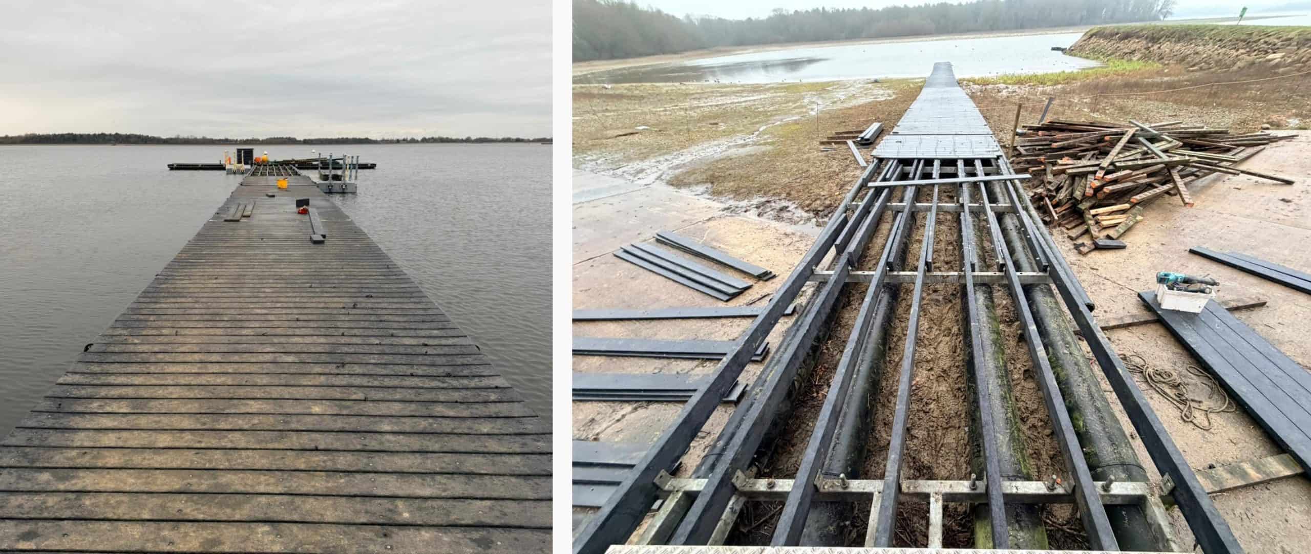 1st pic: Pontoon with hammerhead section with partially exposed rotting bearers 2nd: On-land section of pontoon with replaced bearers and old and new materials on either side