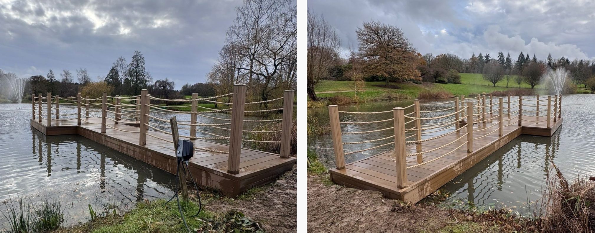 Completed hammerhead jetty with hemp rope handrails and fountain in the distance on the lake