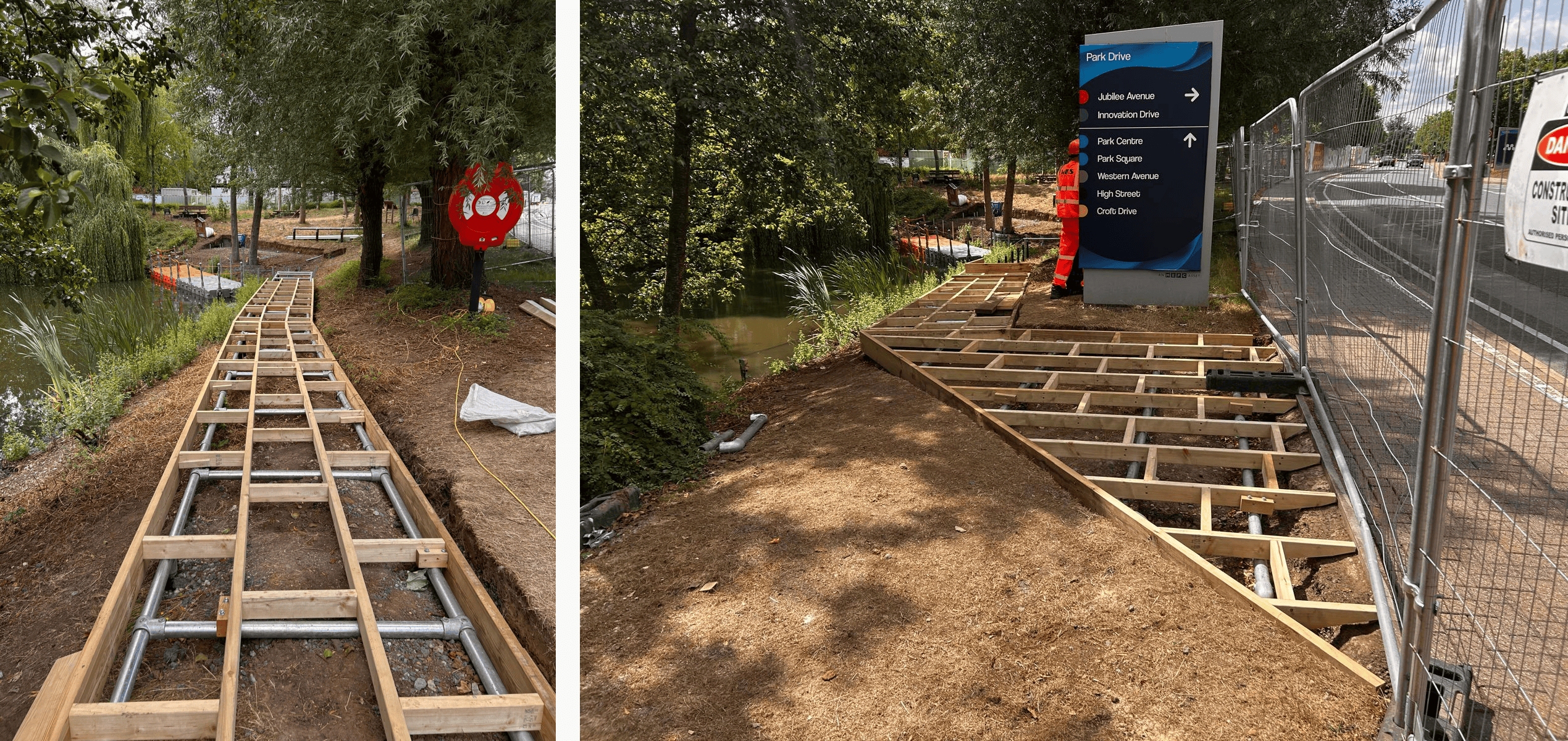 1st pic: A timer sub-frame sits on top of the metal supporting frame, with a Modular Cube working platform on the pond in the background. 2nd pic: The start of the boardwalk: the sub-frame is level with the ground.