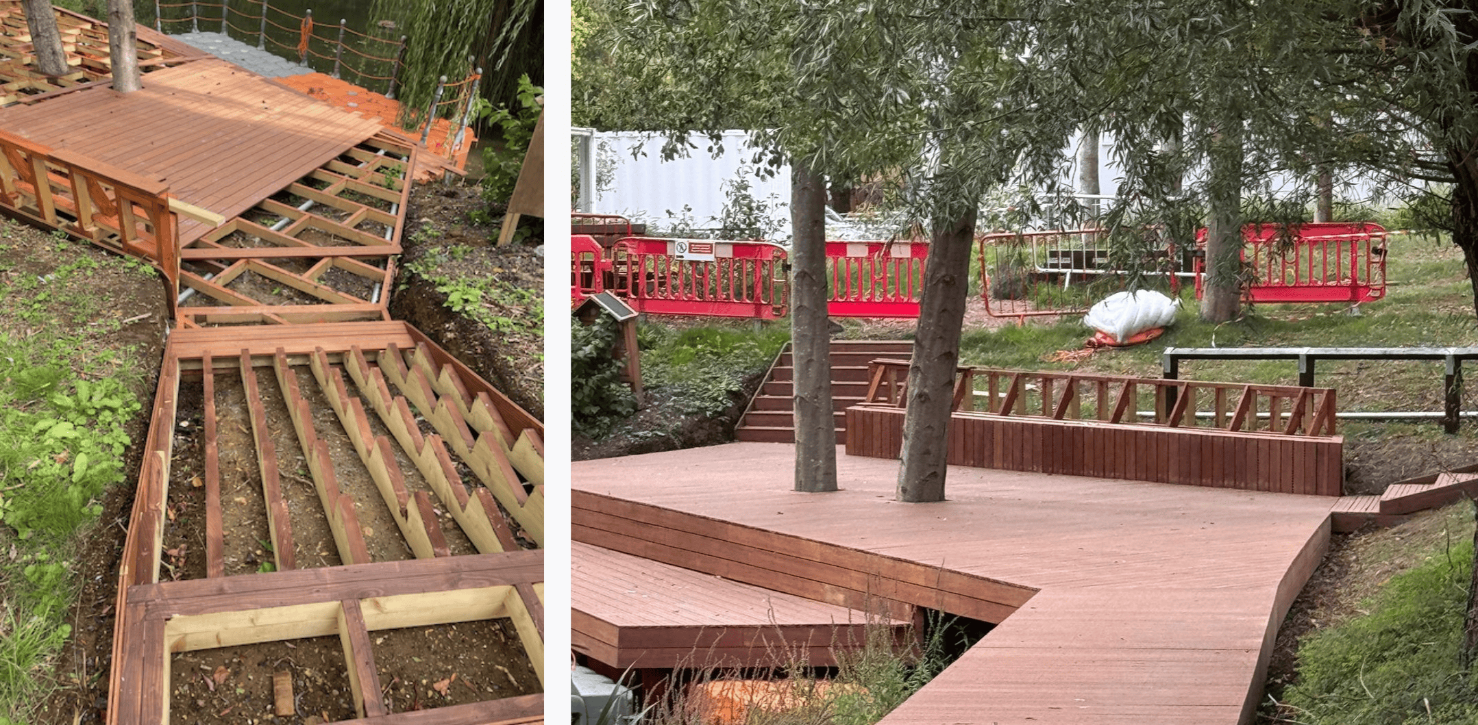 1st pic: The installed custom stringers for one of the staircases. 2nd pic: The finished decking around the trees, with a lower platform along the pond and two staircases on either side of the unfinished custom bench