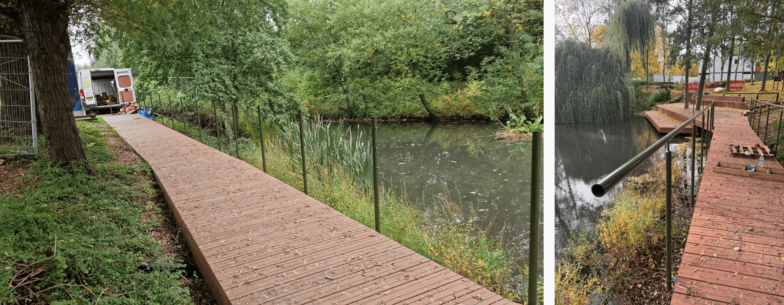 1st pic: The boardwalk pathway with the green handrail posts installed. 2nd pic: The boardwalk pathway and seating area with the green handrail installed