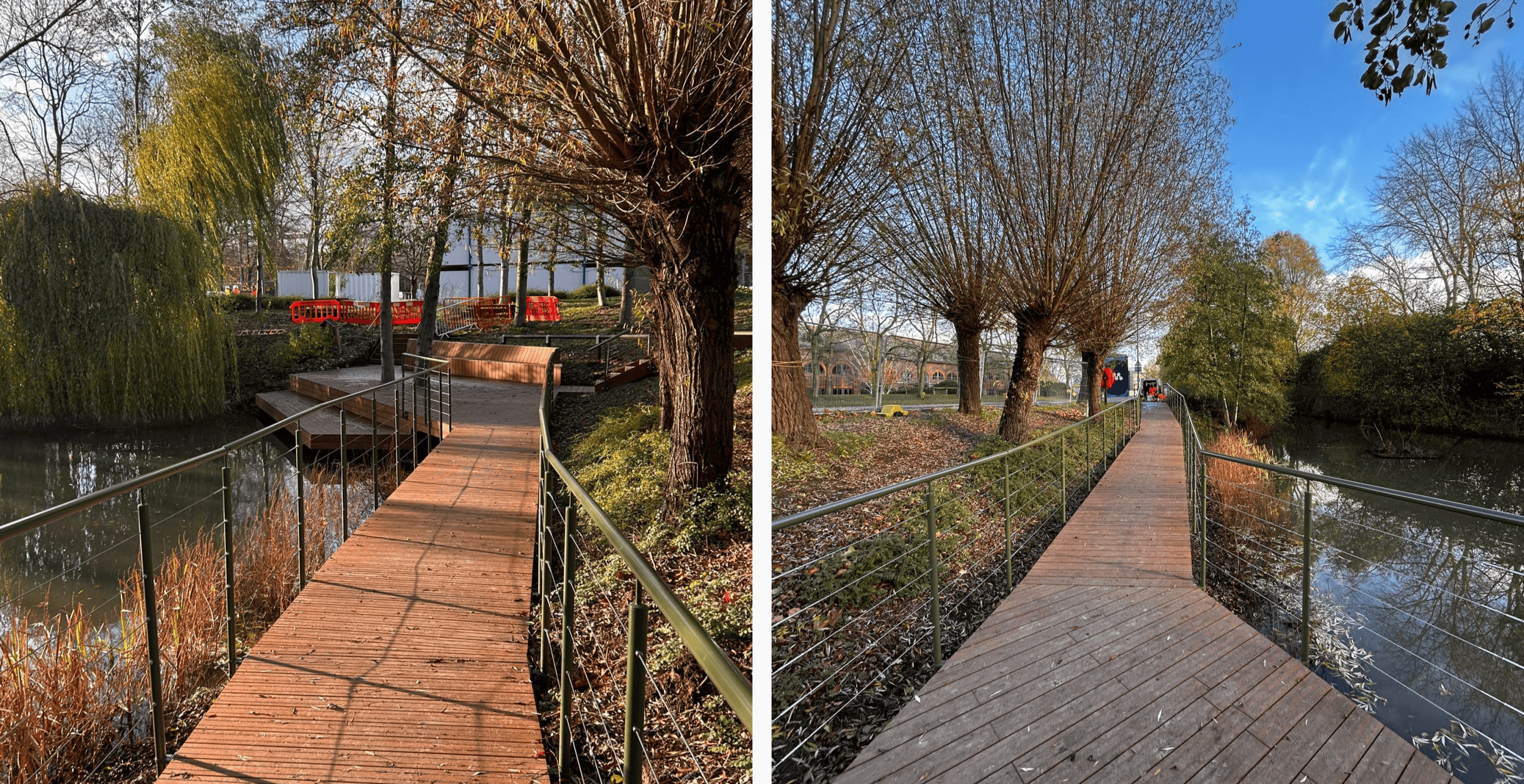 Both pictures show the boardwalk from opposite directions, with the metal wire threaded through the handrail posts to complete the barrier.