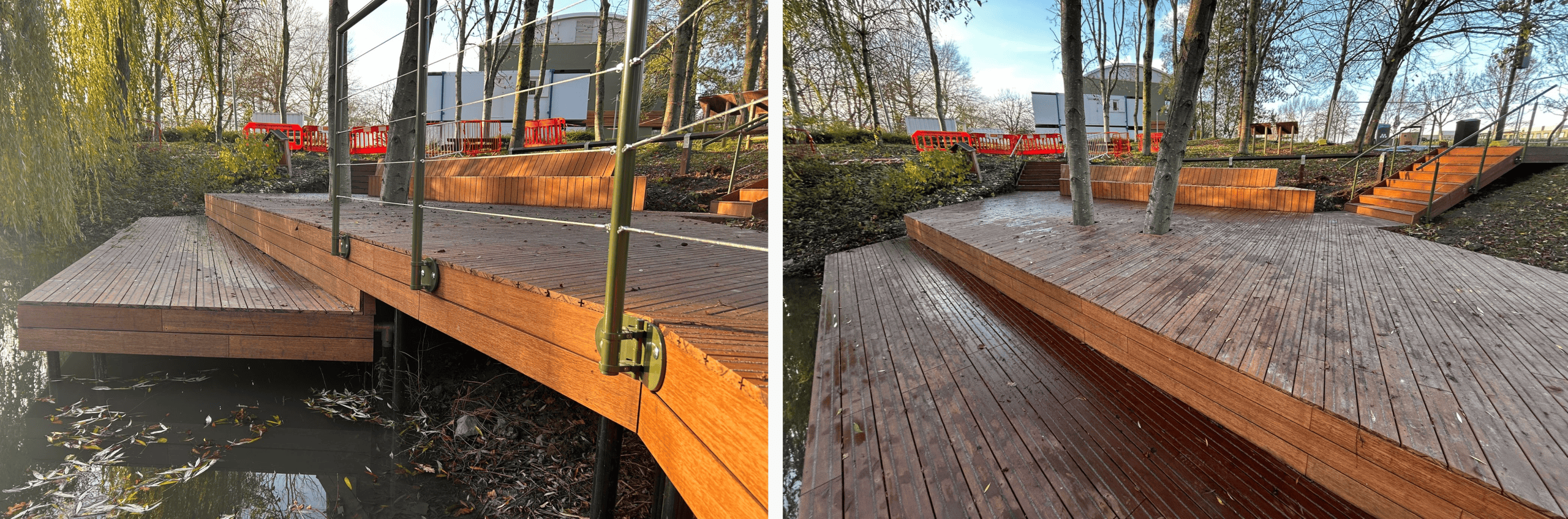 Both pictures show the completed seating area with the lower platform and the two trees in the centre of the decking.