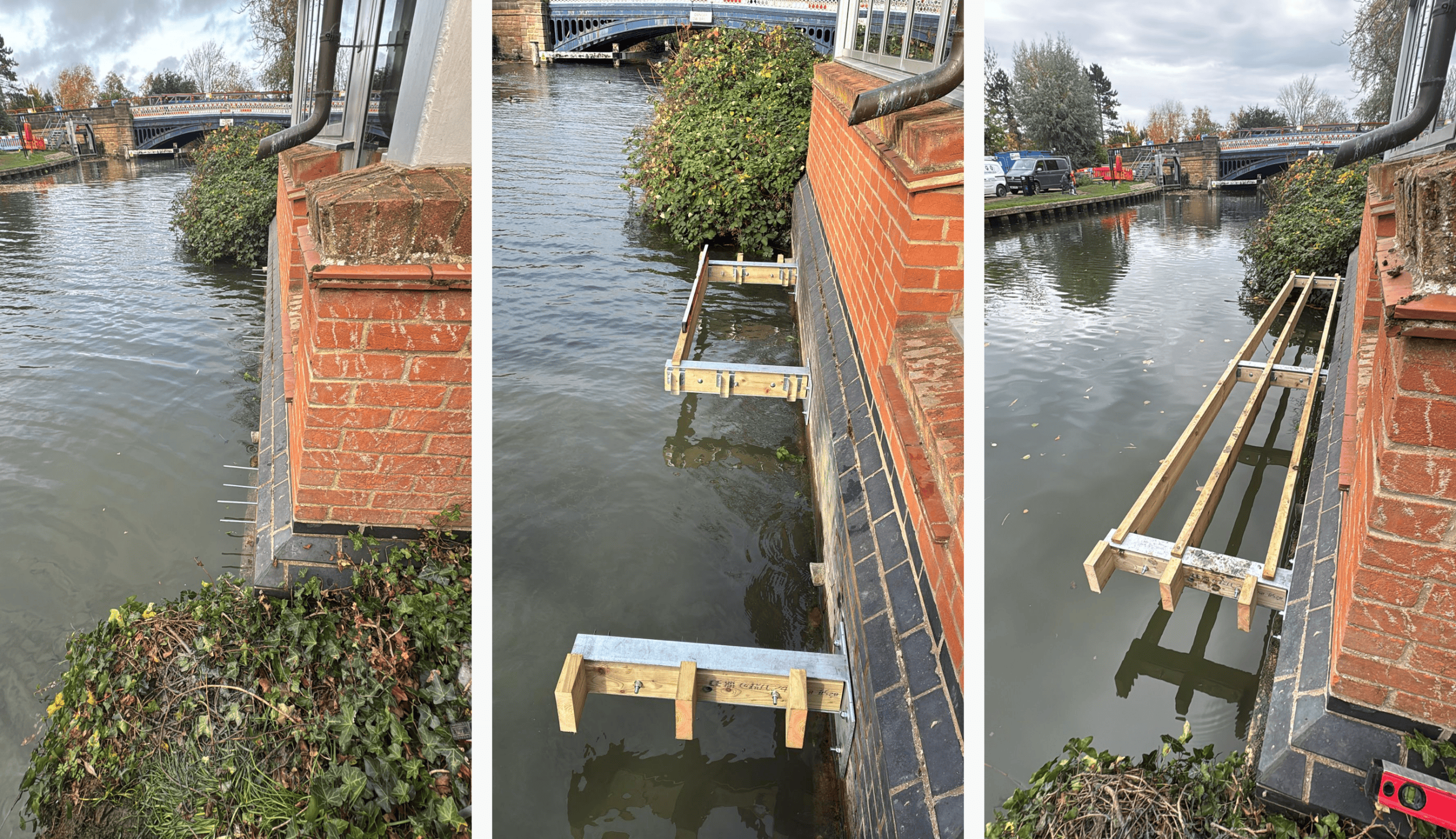 1st pic: Steel rods protruding from wall beneath backdoor of house. 2nd pic: Steel support arms fixed onto the steel rods. 3rd pic: Timer sub-frame for the main platform installed.