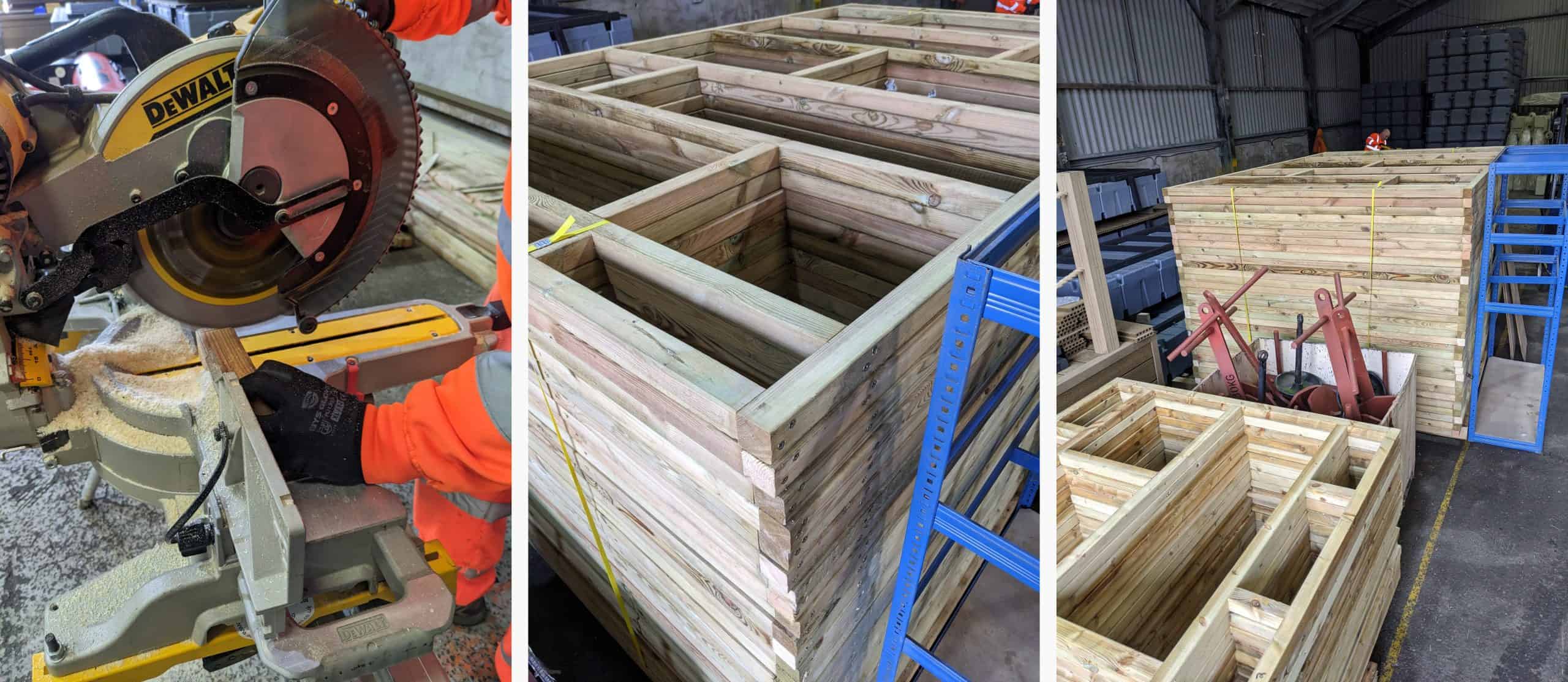 1st pic: Chop saw cutting wood. 2nd pic: Close-up of wooden decking frames. 3rd pic: Two stacks of wooden decking frames.