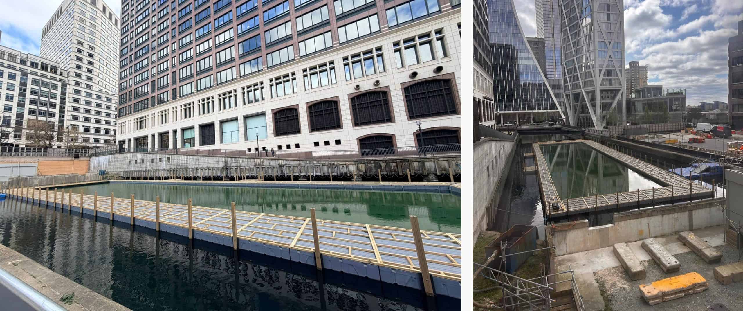 Pic 1: Timber deck support frames attached to the RotoDock poolside. Pic 2: View from afar of the pool with the deck support frames attached.