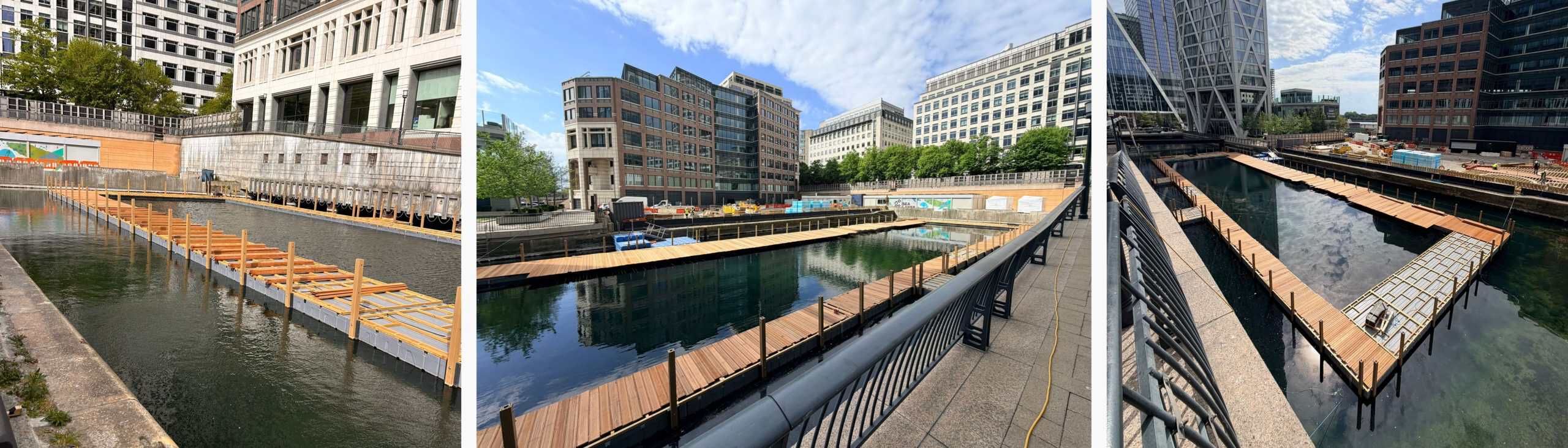 1st pic: First sections of decking are laid, and small stacks of deck board are in position to be laid. 2nd & 3rd: Most of the decking is laid and waiting to be trimmed.