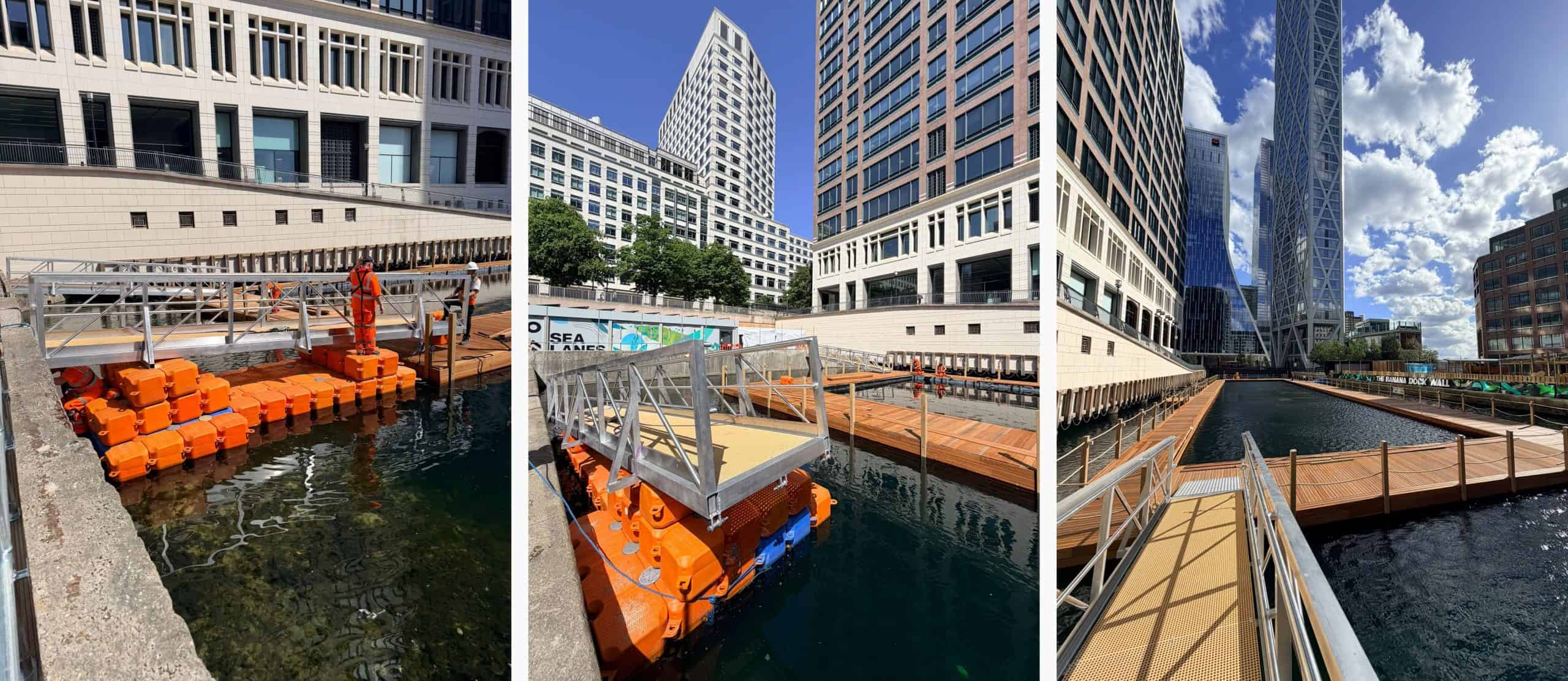 1st pic: An aluminium gangway rests on stacked Modular Cube, while the WMS team secure it in place. 2nd pic: Another gangway sits atop Cubes, waiting to be installed, 3rd pic: View of the almost-complete pool from the entrance of the first gangway.