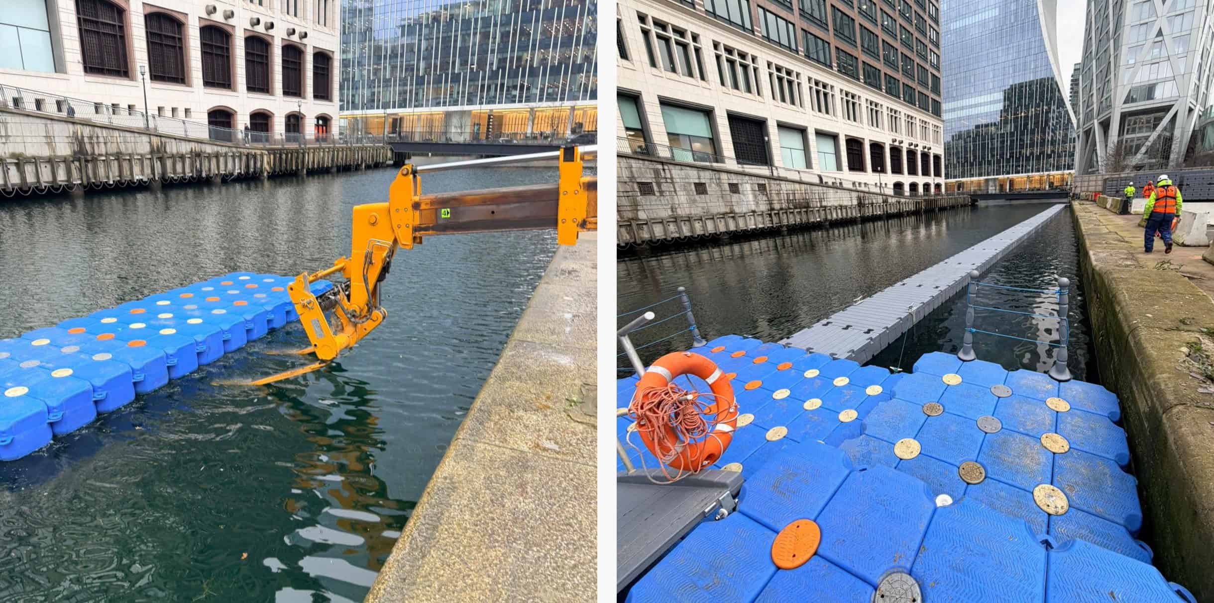 1st pic: A telehandler lowers a Modular Cube platform into the Canary Wharf dock. 2nd pic: Multi-level, stacked Modular Cubes lead down to the line of RotoDock units on the water.