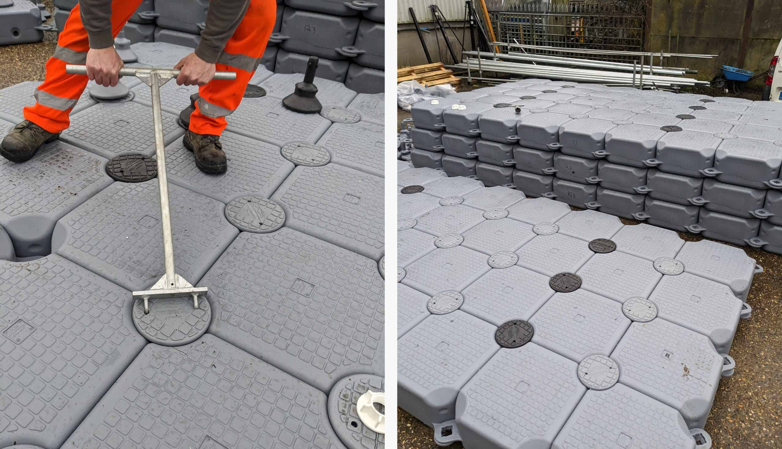 1st pic: A WMS installer tightening a Cube connection pin. 2nd pic: A stack of Cube pool floor slabs with black connection pin lane markers.