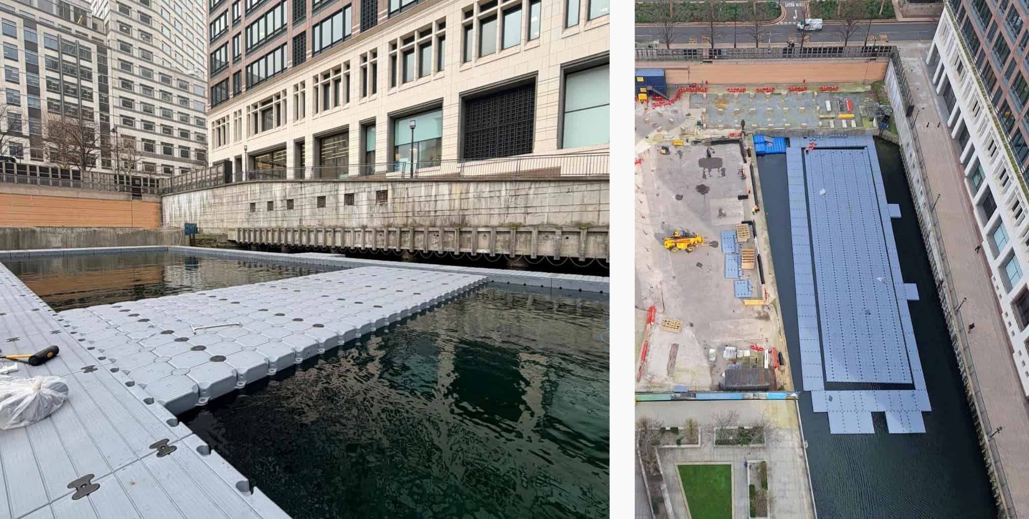 1st pic: The first few slabs of the Cube pool floor lie on the water between the borders of the RotoDock poolside. 2nd pic: A bird's eye view of the almost complete pool floor.