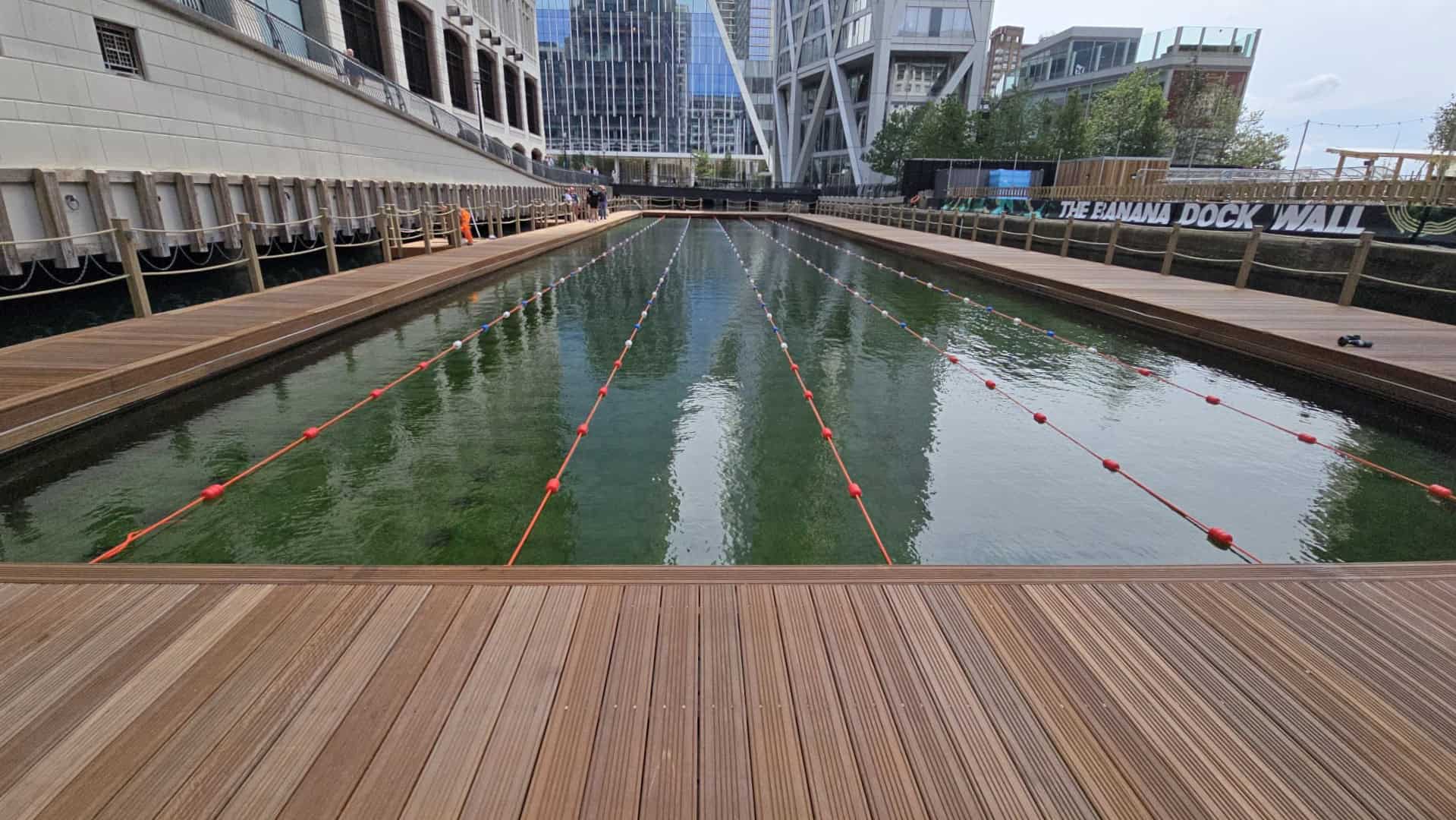 View of complete pool with lane markers all installed.