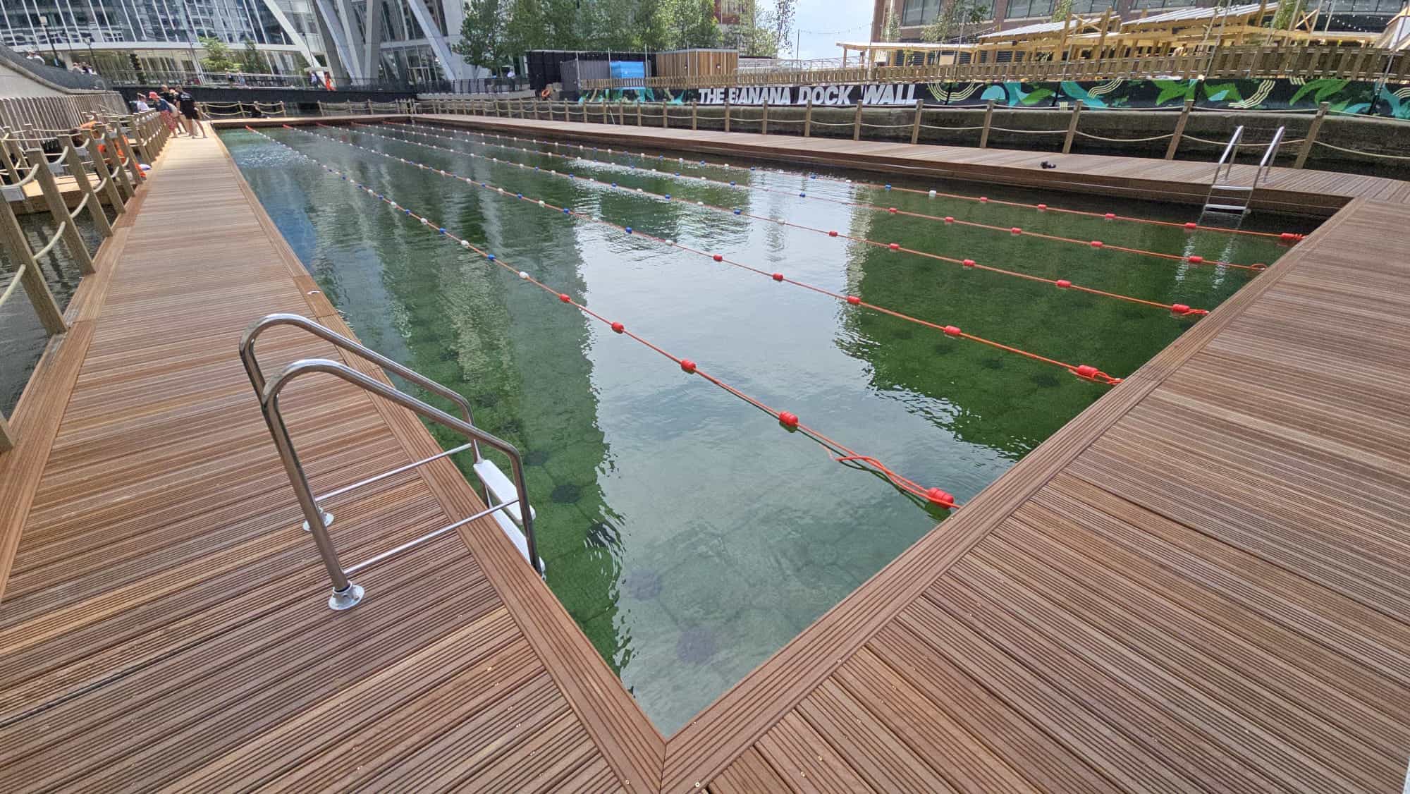 View of complete pool, overlooking access ladder at far end.